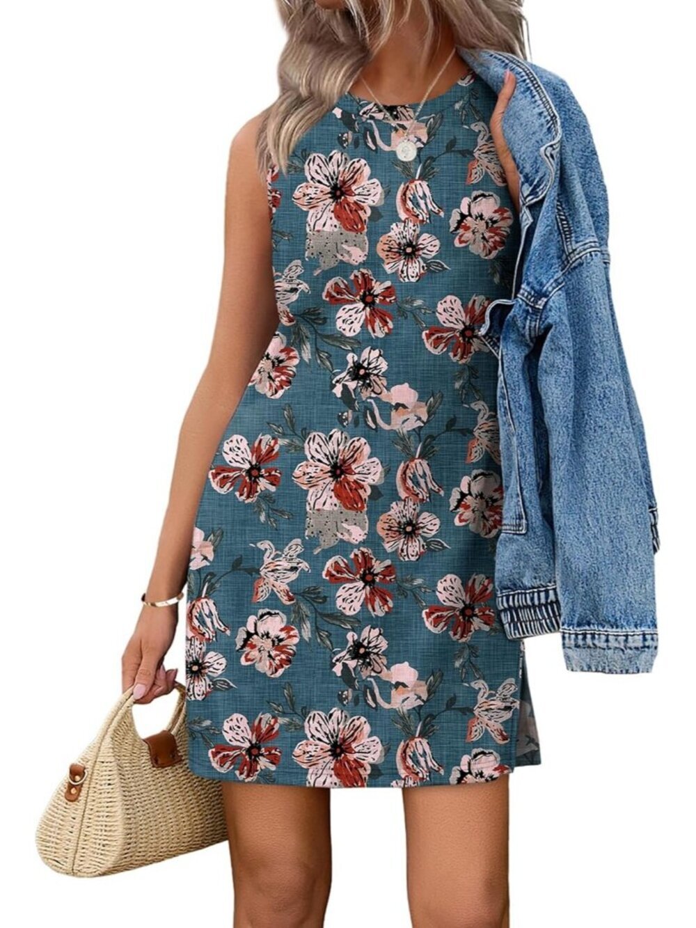 Women's Blue Gray Floral Summer Casual Dress Crewneck Sleeveless Tank Dress